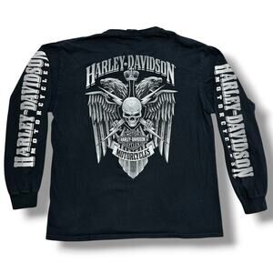 Y2K Harley-Davidson Long Sleeve Tribal Skull Eagle Wings Biker Shirt Black L